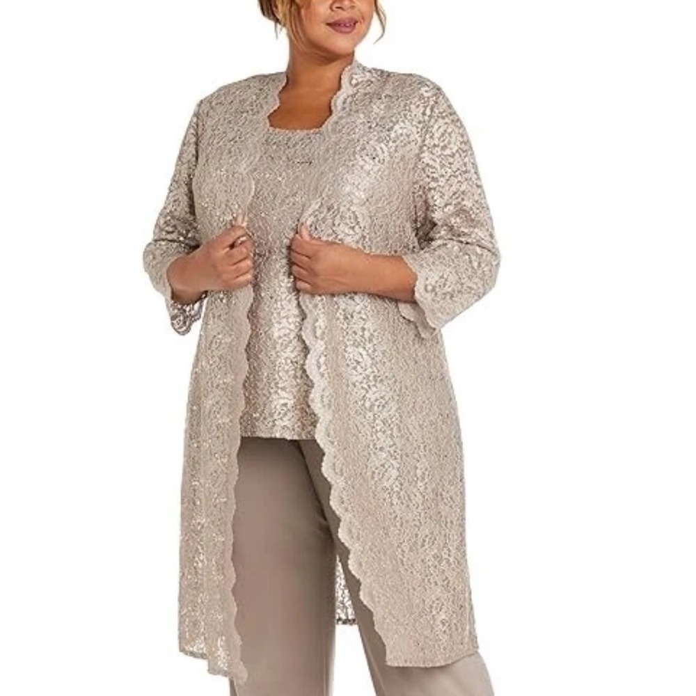 R&M Richards Womens 22W Lace Jacket Tank Set Beige Sequin Formal occasions